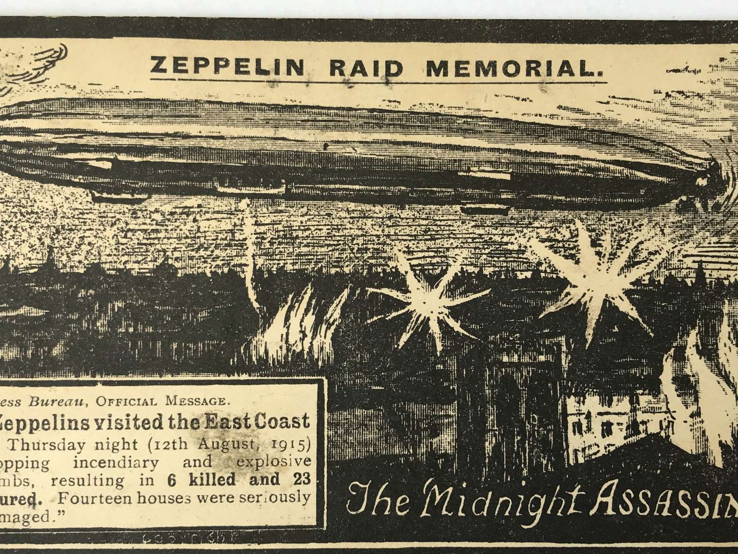 Zeppelin Raid memorial postcard 1916 (The midnight assassins)