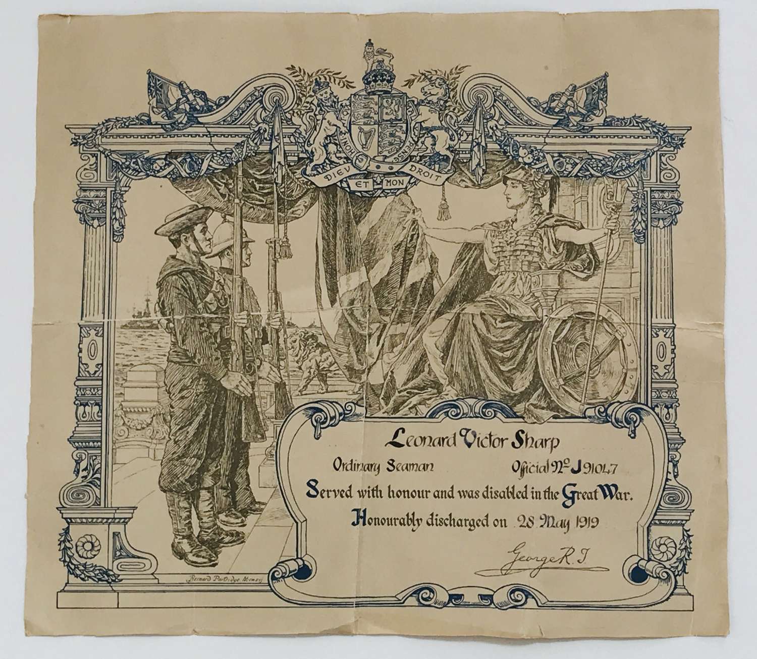 Royal Navy discharge certificate dated 1919