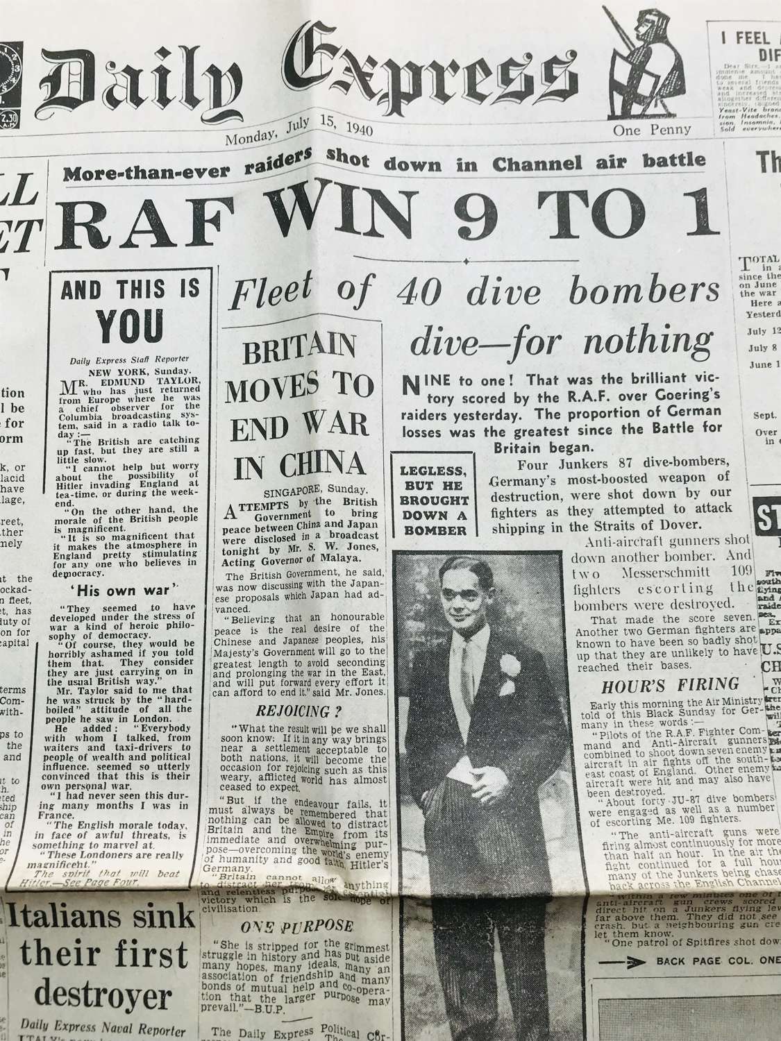 Daily express dated Monday,  15th July 1940
