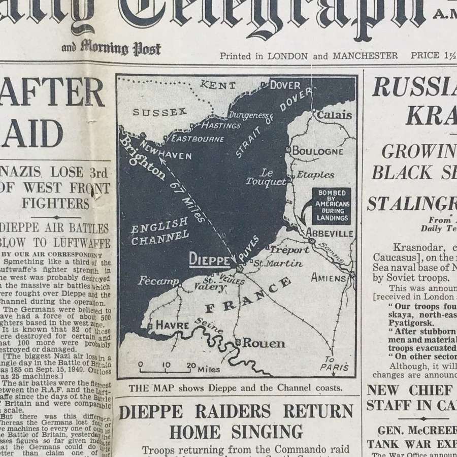 Daily Telegraph dated 20th of August 1942 Dieppe landings