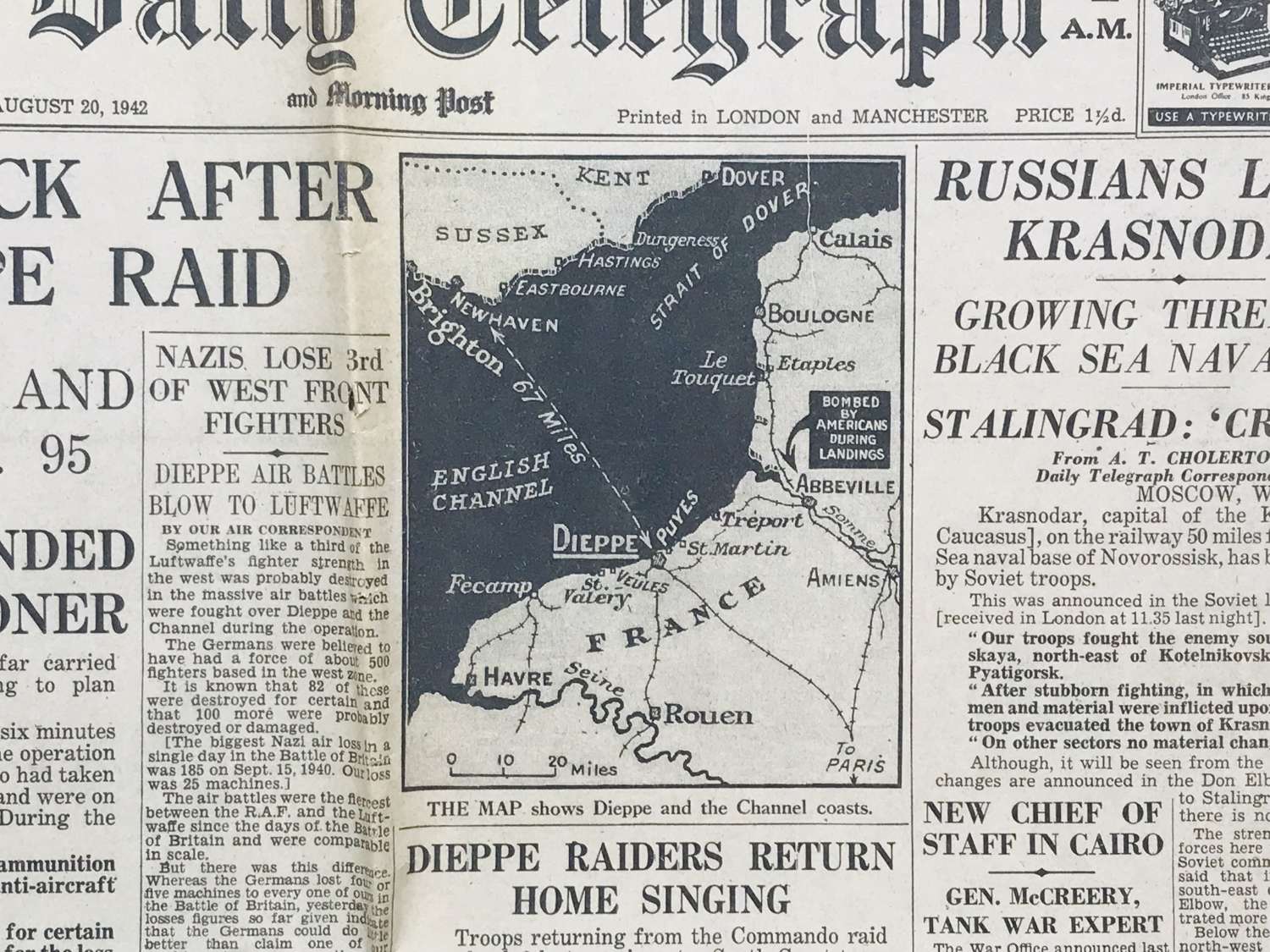 Daily Telegraph dated 20th of August 1942 Dieppe landings