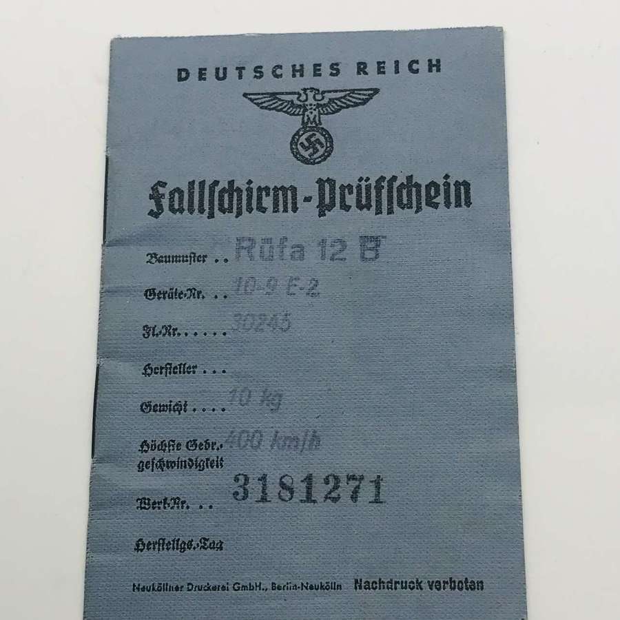 Luftwaffe parachute inspection booklet 1944