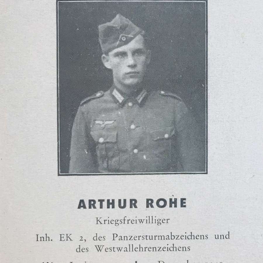 Memorial card for Arthur Rohe KIA 9/12/41 near Moscow