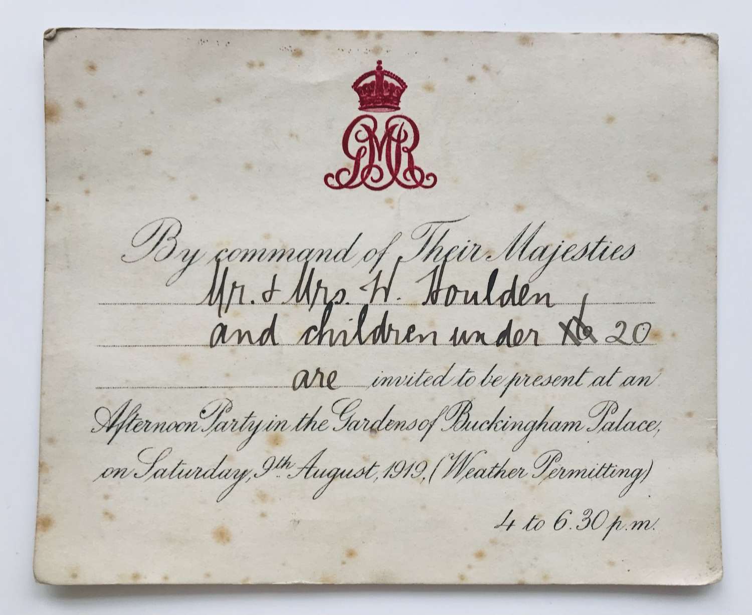 Invitation to Buckingham Palace for a garden party, 1919