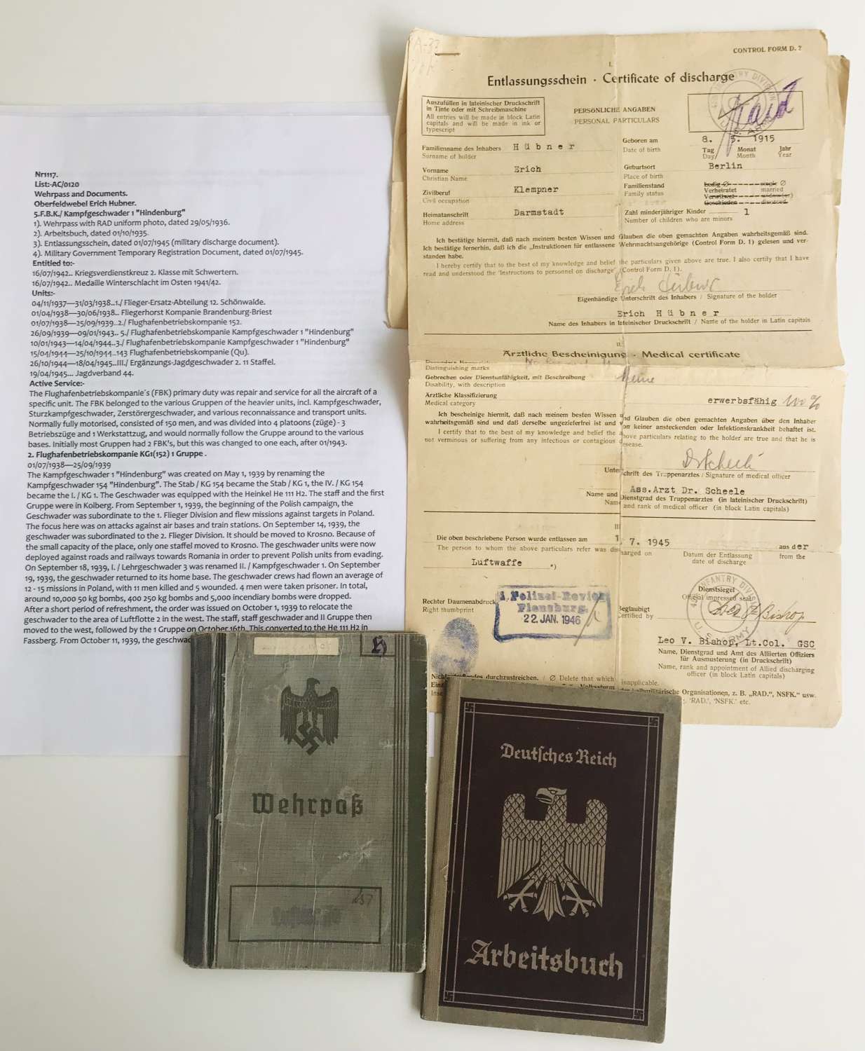 Wehrpass and documents to KG1 “Hindenburg”and JV44