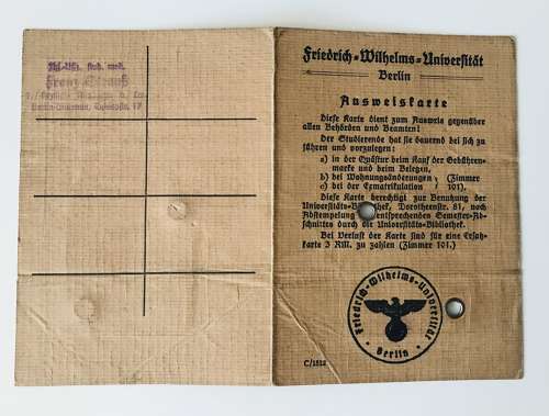 University students ID card with Luftwaffe photo 1943
