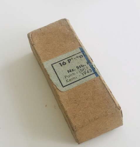 An empty p08 Luger ammo box dated 1943