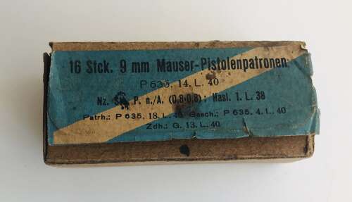 An empty Mauser p08 9mm ammo box