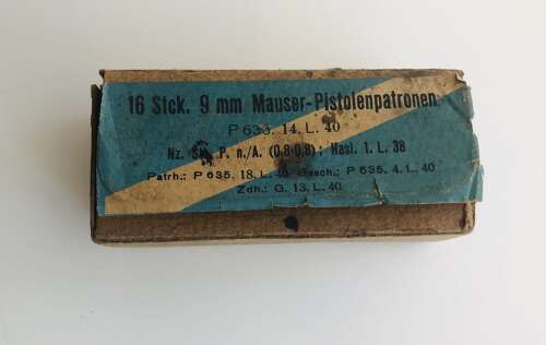 An empty Mauser p08 9mm ammo box